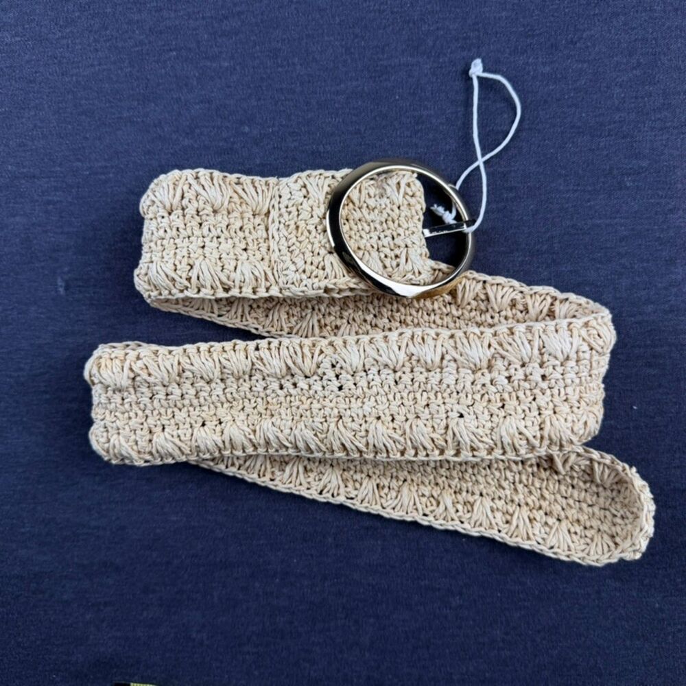 Cream Crochet Woven Boho Belt Silver Circle Buckle